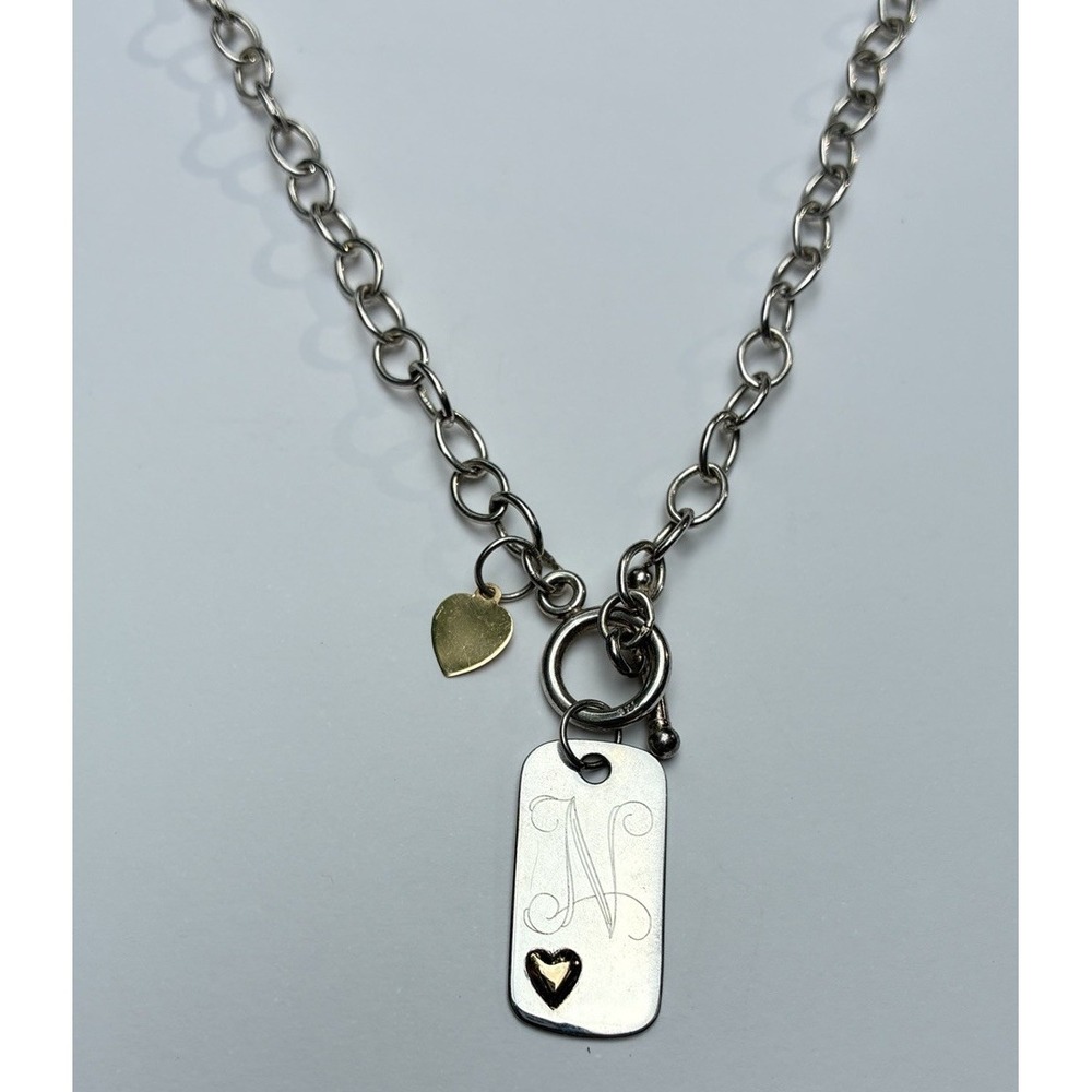 JANE BASCH 14K "N" INITIAL STERLING SILVER DOG TAG NECKLACE HEART MONOGRAM